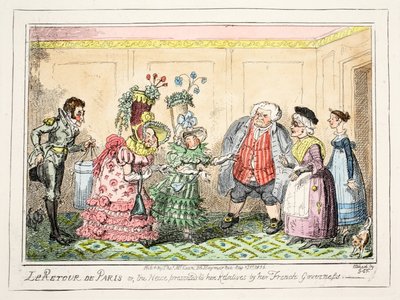 Le Retour de Paris, o, la Sobrina Presentada a sus Parientes por su Institutriz Francesa, pub. 1835 de George Cruikshank